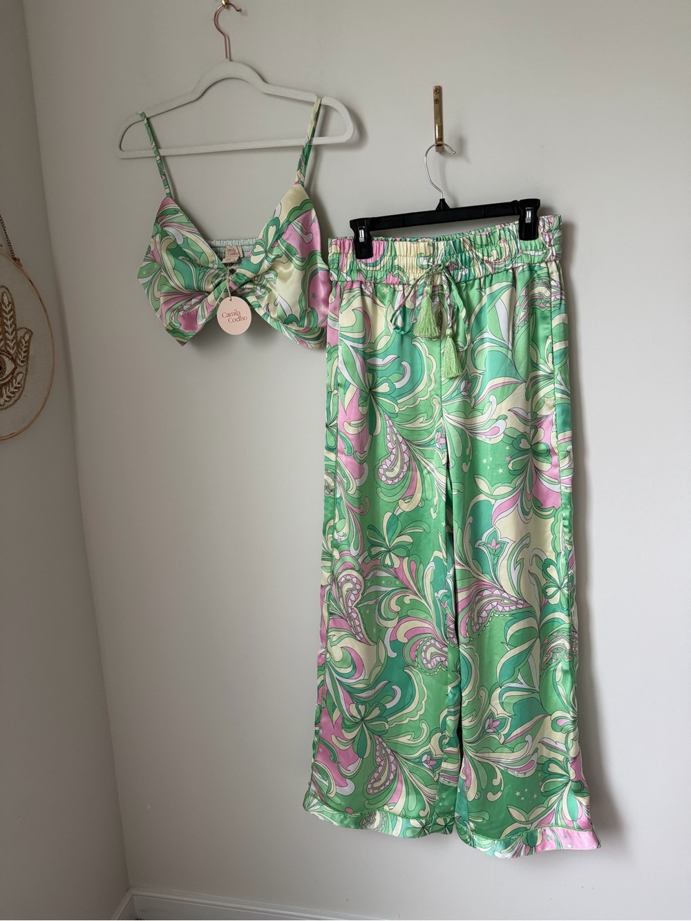 Green Pink paisley floral pucci crop top Wide Leg Pants two piece Set